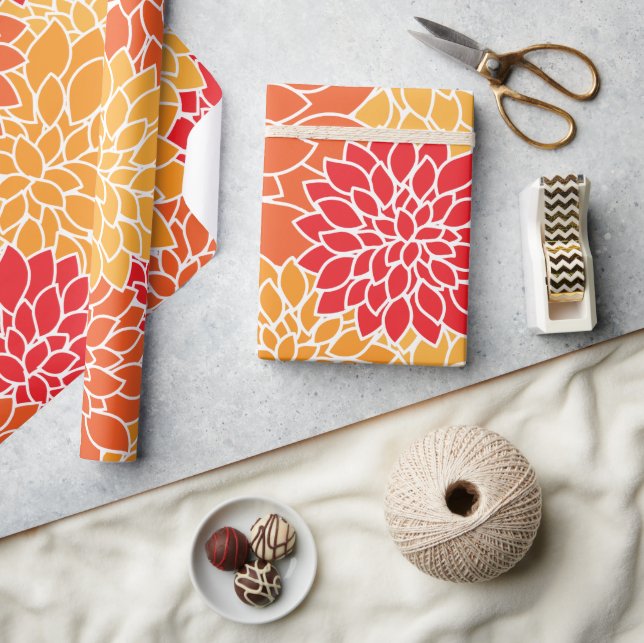 Dahlia Flowers, Pattern Of Flowers, Orange Dahlia Wrapping Paper (Crafts)