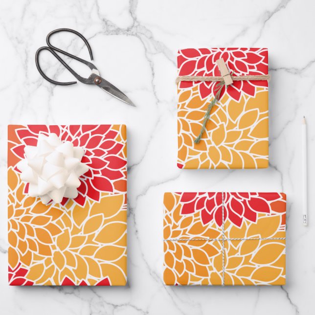 Dahlia Flowers, Pattern Of Flowers, Orange Dahlia Wrapping Paper Sheets (Front)