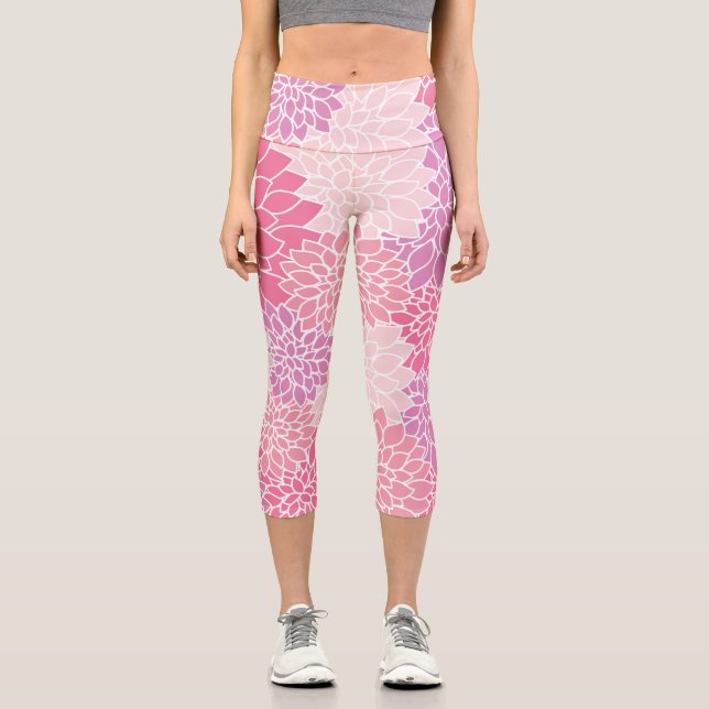 Dahlia Flowers, Pattern Of Flowers, Pink Dahlia Capri Leggings (Front)
