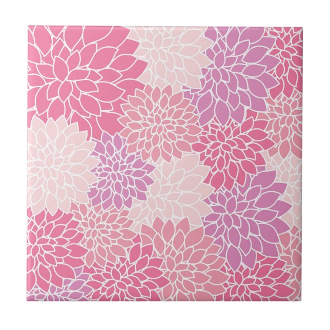 Dahlia Flowers, Pattern Of Flowers, Pink Dahlia Ceramic Tile (Front)