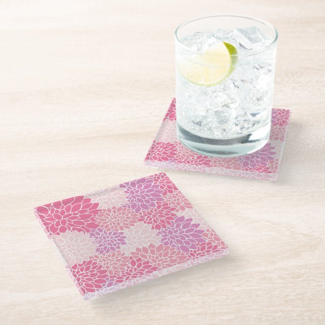Dahlia Flowers, Pattern Of Flowers, Pink Dahlia Glass Coaster (Angled)