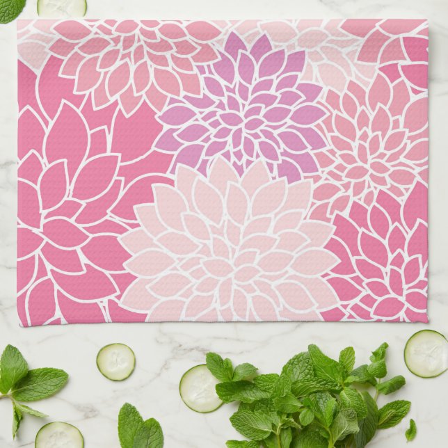 Dahlia Flowers, Pattern Of Flowers, Pink Dahlia Kitchen Towel (Folded)