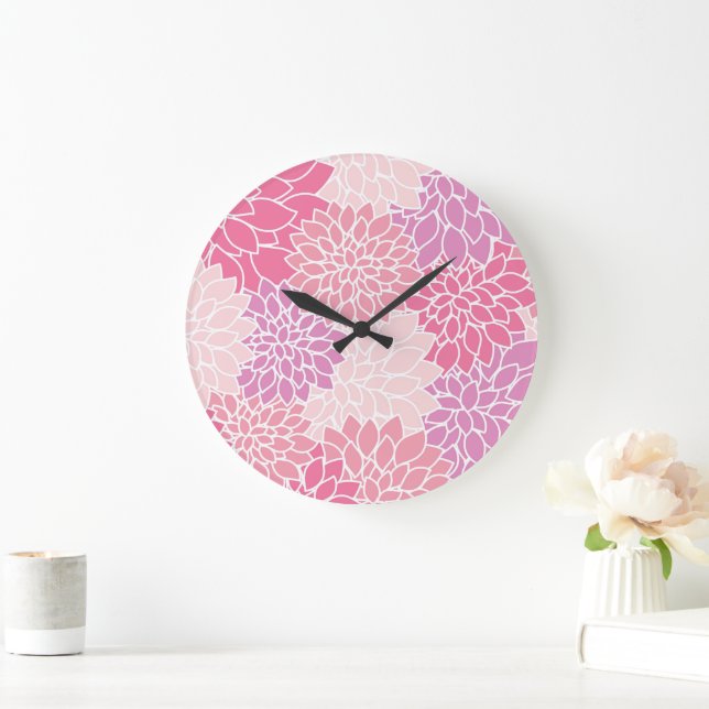 Dahlia Flowers, Pattern Of Flowers, Pink Dahlia Large Clock (Home)