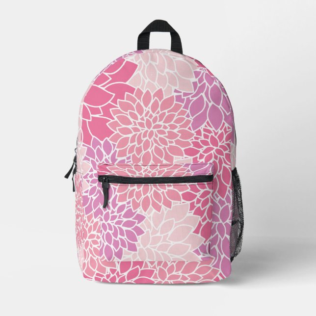 Dahlia Flowers, Pattern Of Flowers, Pink Dahlia Printed Backpack (Front)
