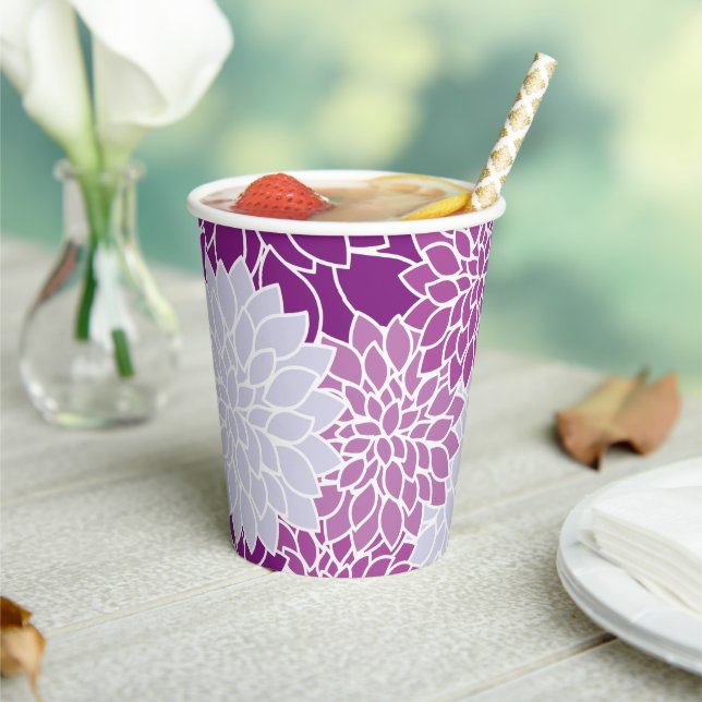 Dahlia Flowers, Pattern Of Flowers, Purple Dahlia Paper Cups (Insitu)