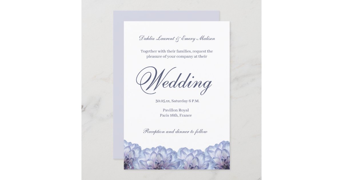 Dahlia Flowers White Lilac Elegant Floral Wedding Invitation | Zazzle