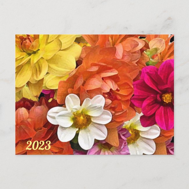 Dahlia Flowers with 2023 Calendar on Back Postcard