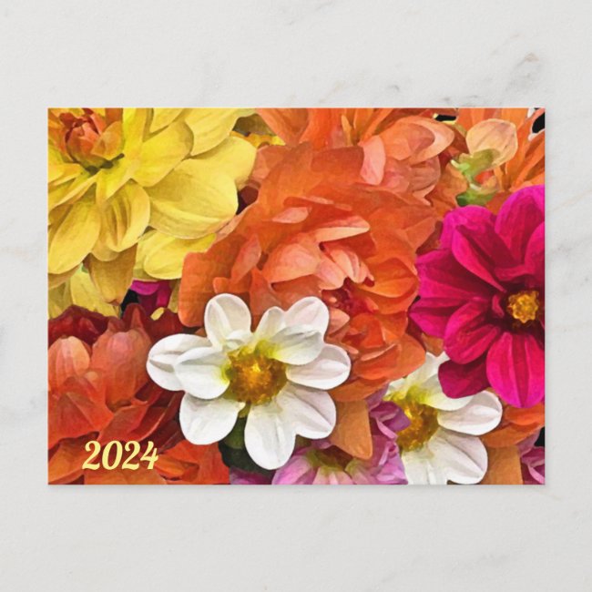 Dahlia Flowers with 2024 Calendar on Back Postcard