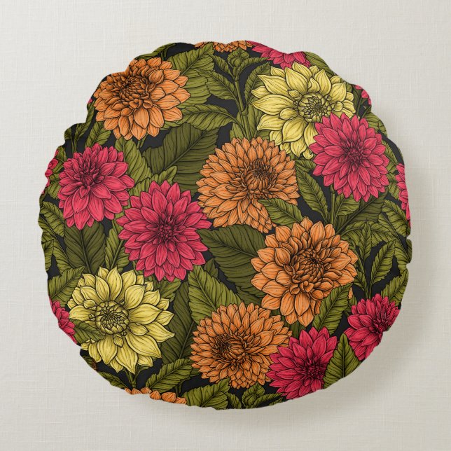 Dahlia garden round pillow (Front)