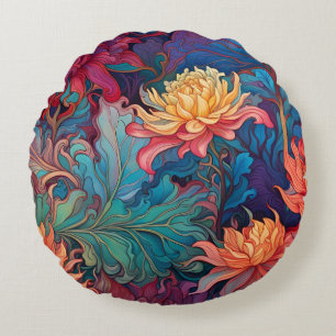 Dahlia garden tapestry red, blue green gold round pillow