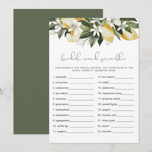 DAHLIA Lemon Bridal Shower Word Scramble Game Invitation (Front/Back)