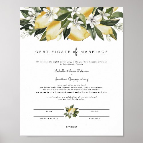 Dahlia _ Lemon Citrus Garden Marriage Certificate Poster