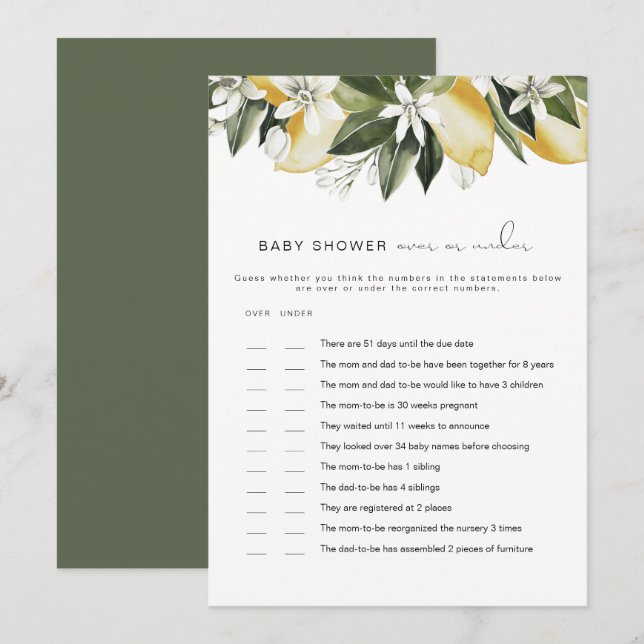 DAHLIA Lemon Over Under Baby Shower Game  Invitation (Front/Back)