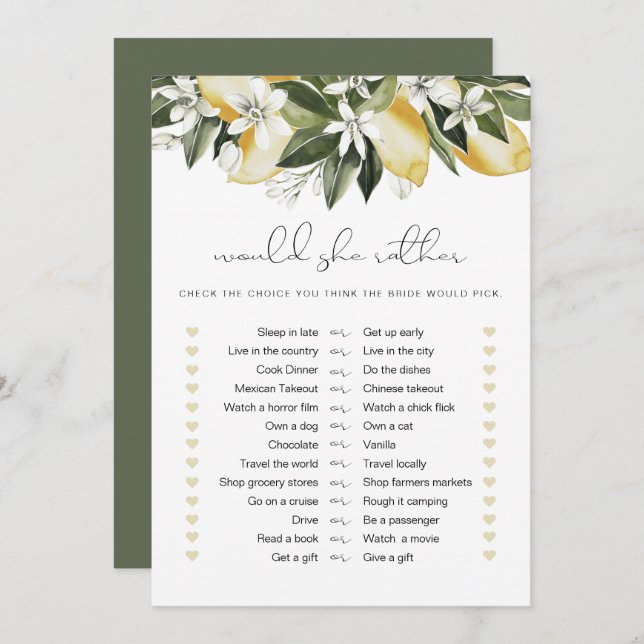 DAHLIA Lemon Would She Rather Bridal Game Invitation (Front/Back)