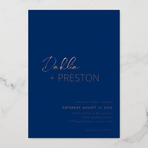 Dahlia Navy Blue Contemporary Modern Wedding Foil Invitation