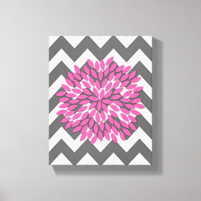 Dahlia on Chevrons in Pink and Gray Canvas (Front)