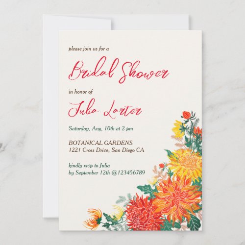 Dahlia Orange Green Spring Flowers Bridal Shower Invitation