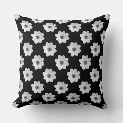 Dahlia Pattern _ Black and White Throw Pillow