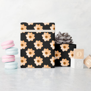 Dahlia Pattern - Light Orange on Black Wrapping Paper