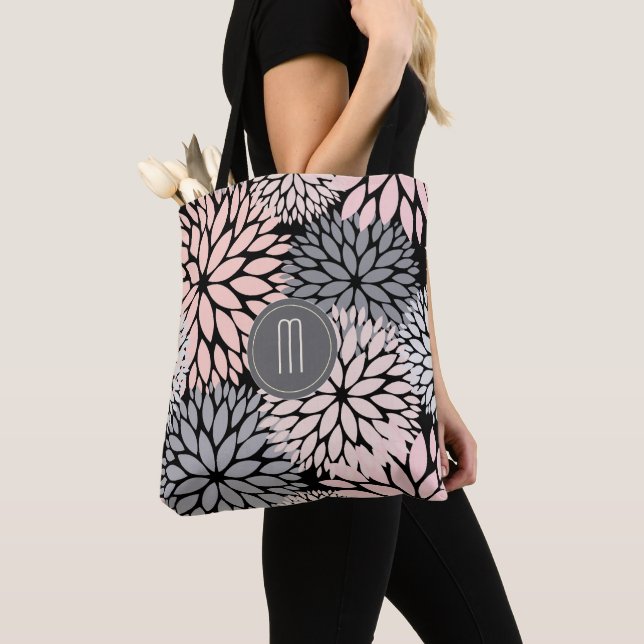 Dahlia Pink Floral Monogram Tote Bag (Close Up)