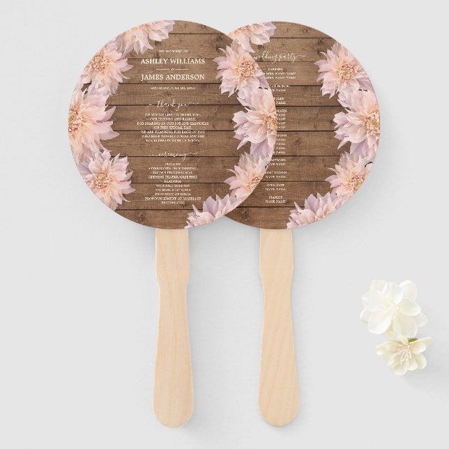 Dahlia Pink Floral Rustic Wood Wedding Program Hand Fan (Front and Back)
