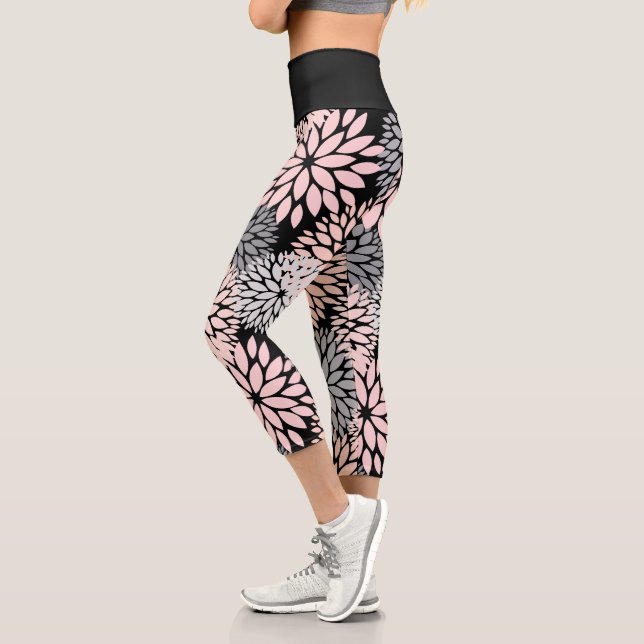 Dahlia Pink Gray Floral Pattern Capri Leggings (Left)