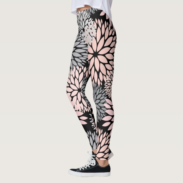 Dahlia Pink Gray Floral Pattern Leggings (Left)