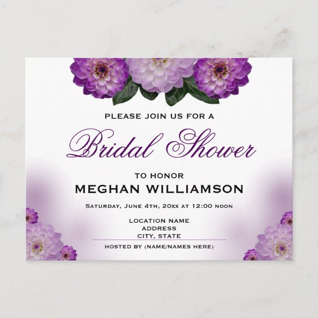Dahlia Purple Floral Bridal Shower Invitation Post Postcard (Front)