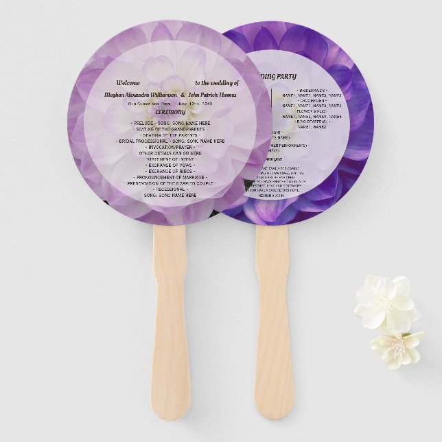 Dahlia Purple Lavender Floral Wedding Program Hand Fan (Front and Back)