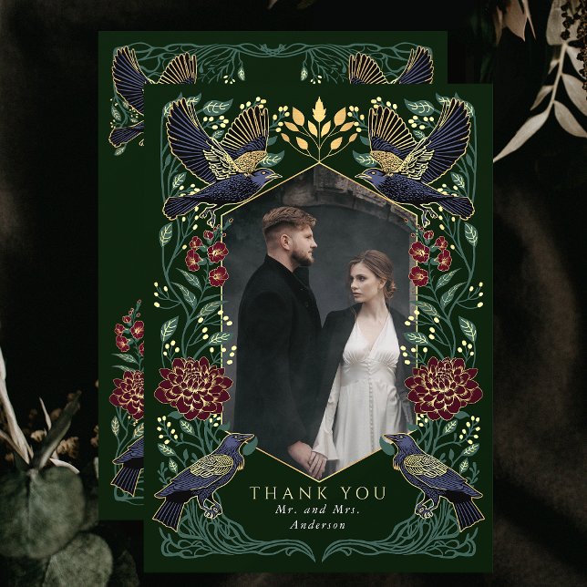 Dahlia Snapdragon Enchanted Gothic Raven Wedding Thank You Card (Creator Uploaded)