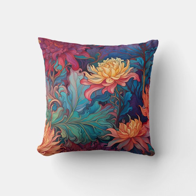 Dahlia Tapestry Red blue green gold Throw Pillow (Front)