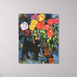 Dahlias and Black Cat, fine art painting, Canvas Print