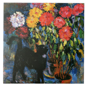 Dahlias and Black Cat, fine art painting, Ceramic Tile