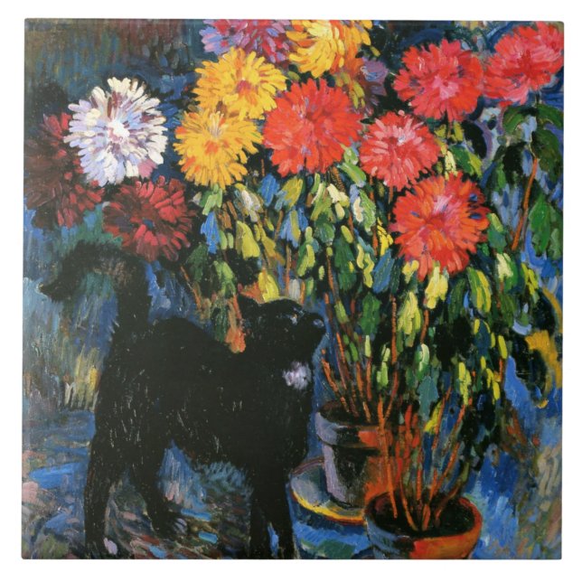 Dahlias and Black Cat, fine art painting, Ceramic Tile (Front)