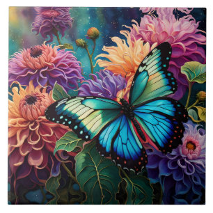 Dahlias And Iridescent Blue Green Butterfly Ceramic Tile