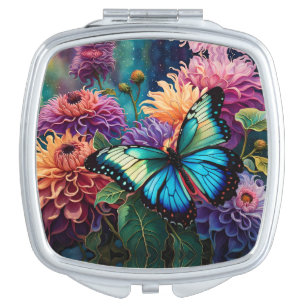 Dahlias And Iridescent  Blue Green Butterfly Compact Mirror