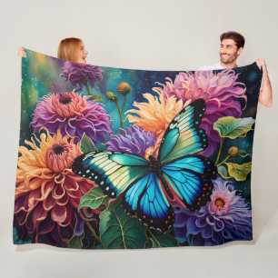 Dahlias And Iridescent Blue Green Butterfly Fleece Blanket