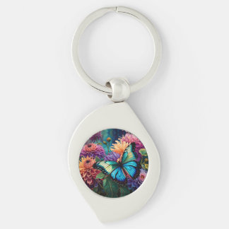 Dahlias And Iridescent Blue Green Butterfly Keychain