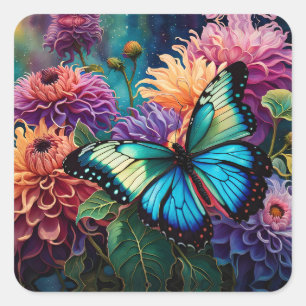 Dahlias And Iridescent Blue Green Butterfly Square Sticker