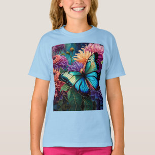 Dahlias And Iridescent  Blue Green Butterfly T-Shirt