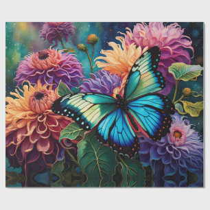 Dahlias And Iridescent Blue Green Butterfly Wrapping Paper
