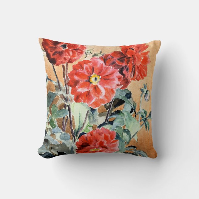 Dahlias, botanical watercolor painting throw pillow (Front)