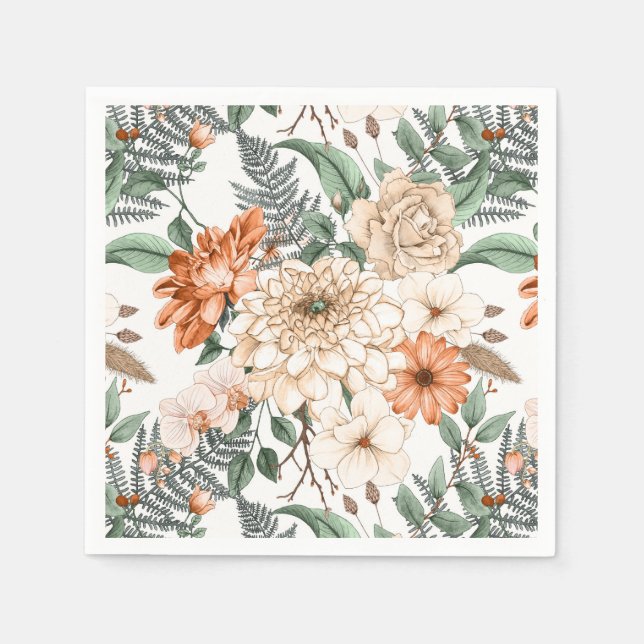 Dahlias daisy ferns greenery peach white romantic napkins (Front)