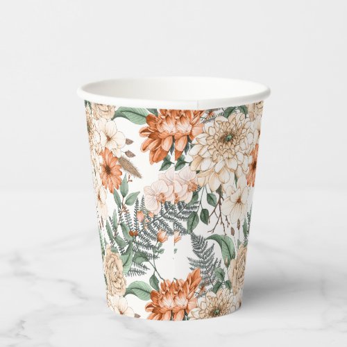 Dahlias daisy ferns greenery peach white romantic paper cups