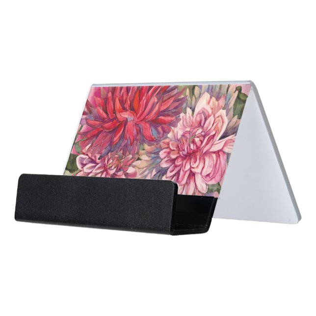 dahlias flowers desk business card holder (Angled Front)