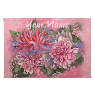 Dahlias flowers pink watercolor cloth placemat