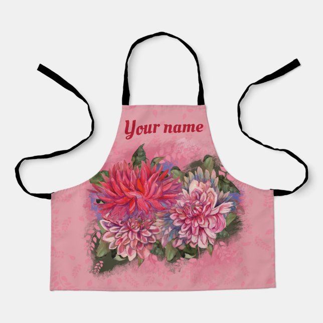 Dahlias flowers pink watercolor pattern apron (Front)