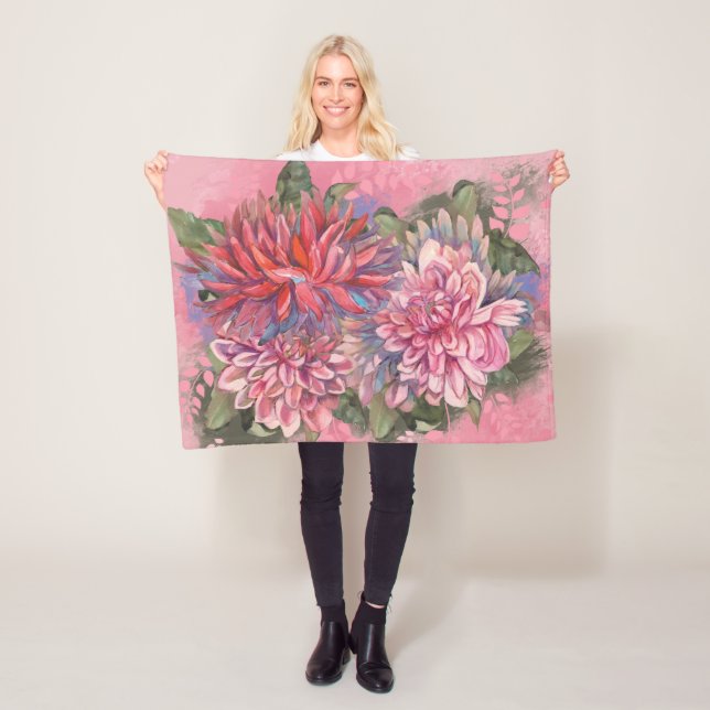 Dahlias flowers pink watercolor pattern fleece blanket (In Situ)