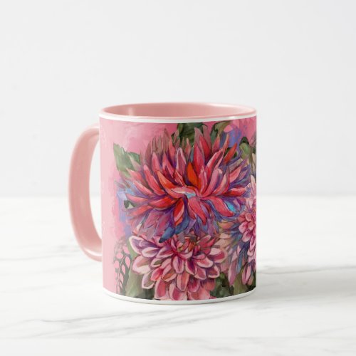 Dahlias flowers pink watercolor pattern mug