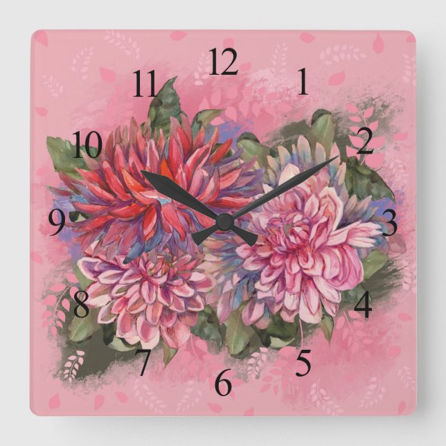 Dahlias flowers pink watercolor pattern square wall clock (Front)